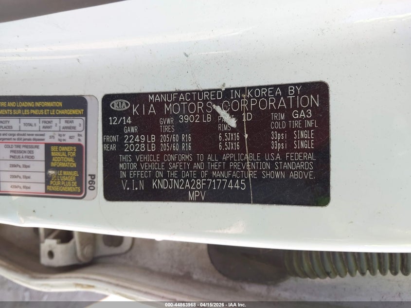 2015 Kia Soul VIN: KNDJN2A28F7177445 Lot: 44863968