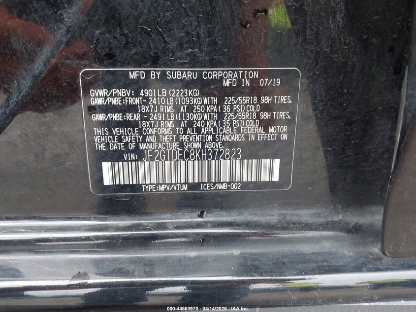 2019 Subaru Crosstrek Hybrid VIN: JF2GTDEC8KH372823 Lot: 44863970