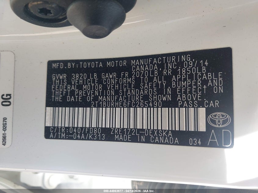 2015 Toyota Corolla 1.8 S white Lot 111044863977 Vin 2T1BURHE6FC265490