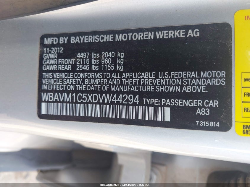 2013 BMW X1 Sdrive28I VIN: WBAVM1C5XDVW44294 Lot: 44863978