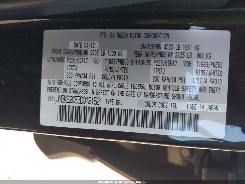 2013 Mazda Cx-5 Touring VIN: JM3KE2CE3D0121521 Lot: 44863983