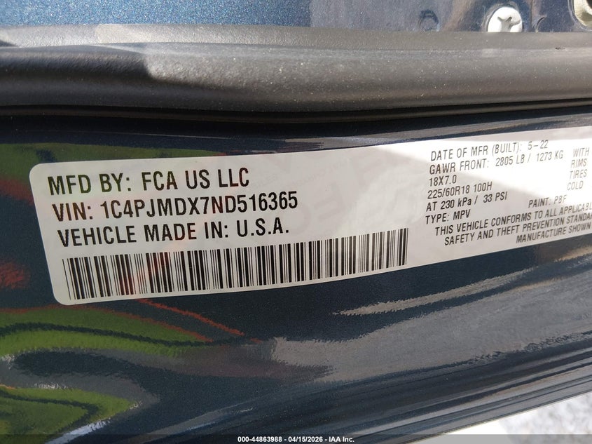 2022 Jeep Cherokee Limited 4X4 VIN: 1C4PJMDX7ND516365 Lot: 44863988