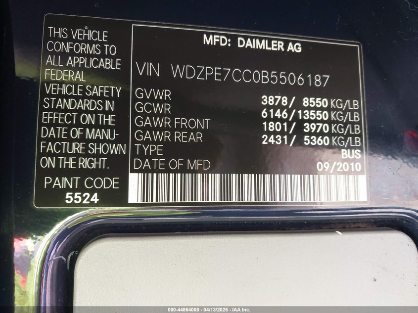 2011 Mercedes-Benz Sprinter 2500 Normal Roof VIN: WDZPE7CC0B5506187 Lot: 44864008