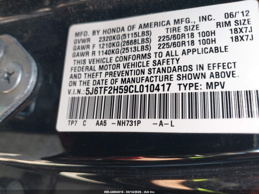 2012 Honda Crosstour Ex-L VIN: 5J6TF2H59CL010417 Lot: 44864016