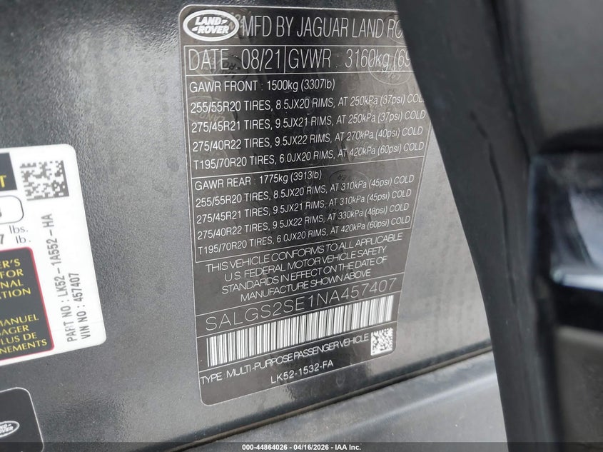 2022 Land Rover Range Rover P525 Westminster VIN: SALGS2SE1NA457407 Lot: 44864026