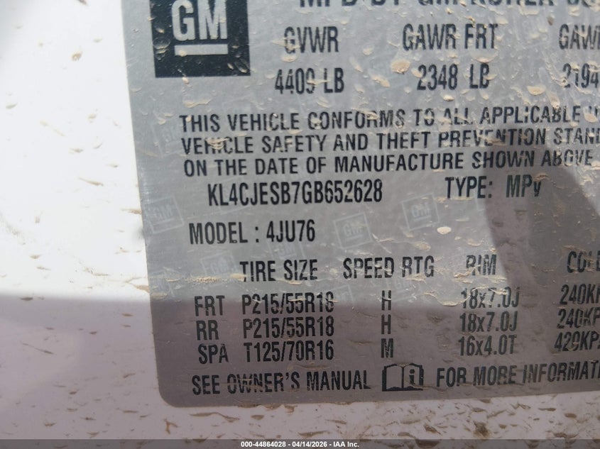 2016 Buick Encore VIN: KL4CJESB7GB652628 Lot: 44864028