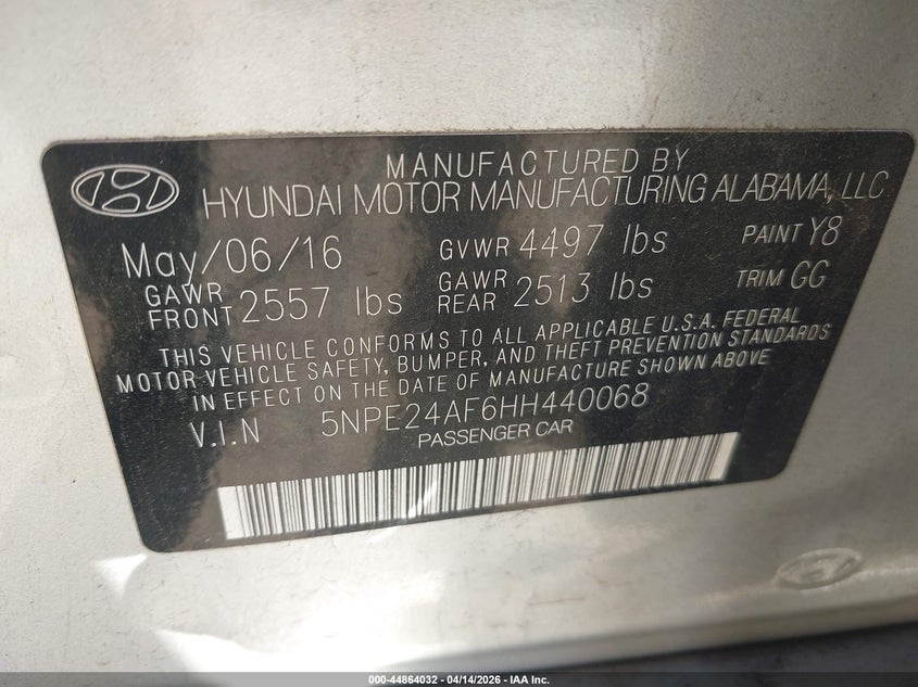 2017 Hyundai Sonata 2.4 Se grey Lot 111044864032 Vin 5NPE24AF6HH440068
