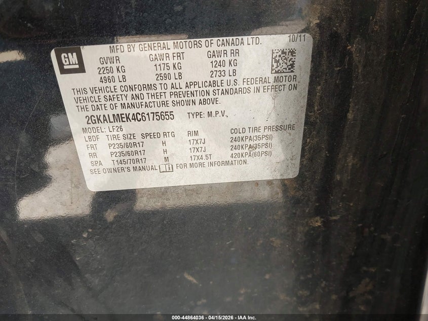 2012 GMC Terrain Sle-1 VIN: 2GKALMEK4C6175655 Lot: 44864036