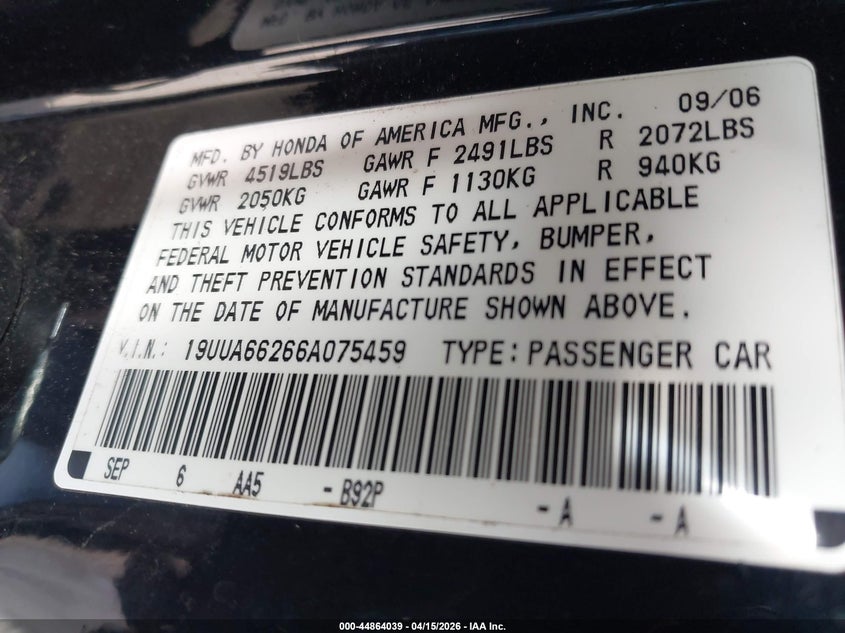 2006 Acura Tl VIN: 19UUA66266A075459 Lot: 44864039