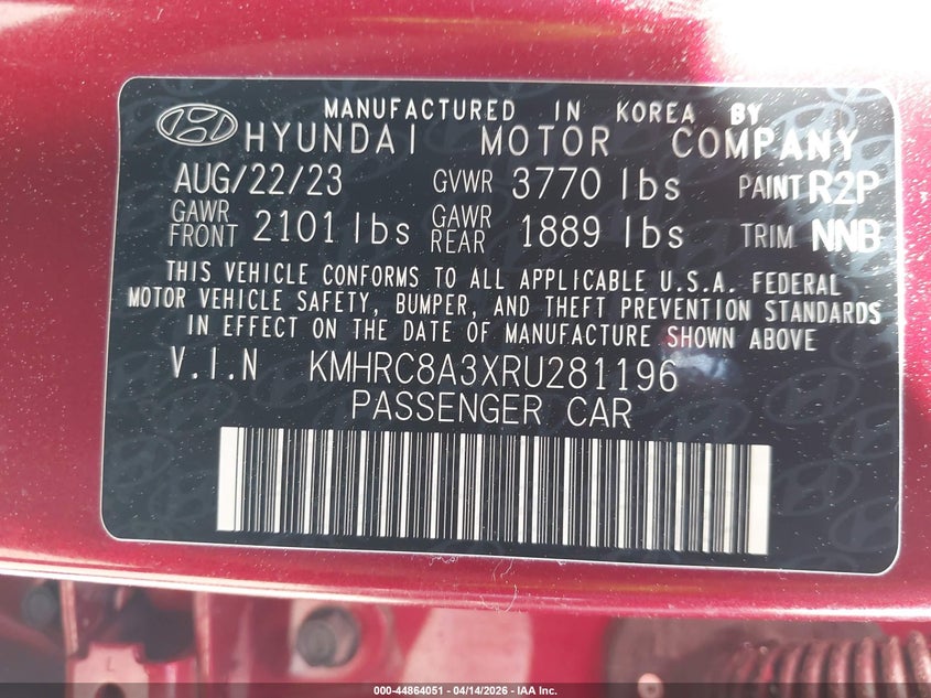 2024 Hyundai Venue Sel VIN: KMHRC8A3XRU281196 Lot: 44864051