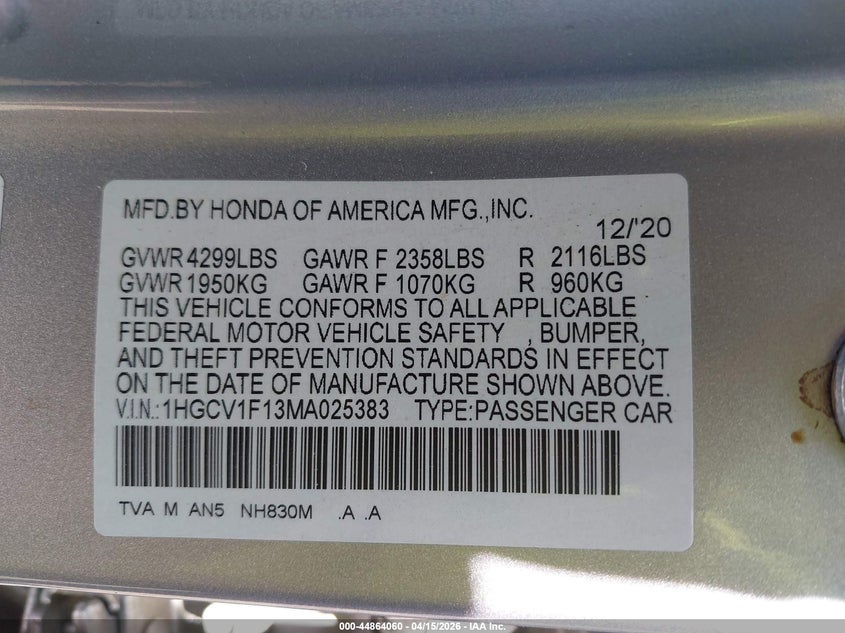 2021 Honda Accord Lx VIN: 1HGCV1F13MA025383 Lot: 44864060