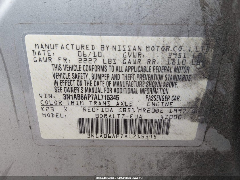 2010 Nissan Sentra 2.0Sr VIN: 3N1AB6AP7AL715345 Lot: 44864064