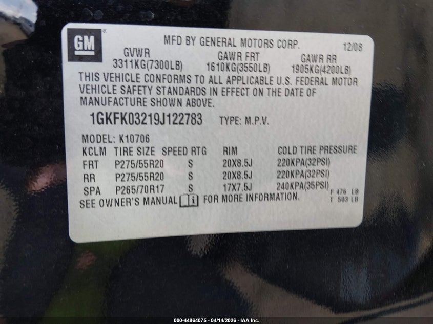 2009 GMC Yukon Denali VIN: 1GKFK03219J122783 Lot: 44864075