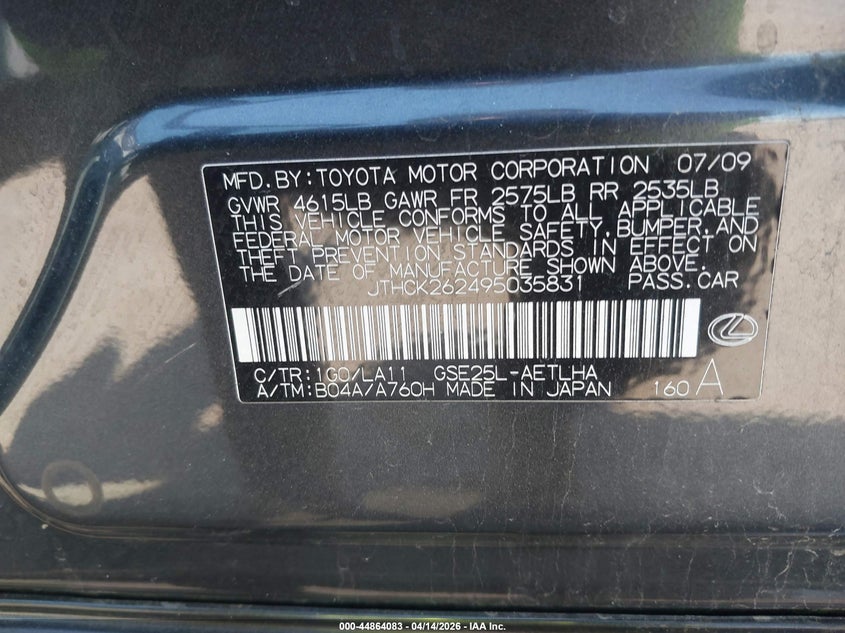 2009 Lexus Is 250 VIN: JTHCK262495035831 Lot: 44864083