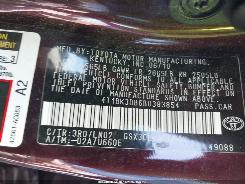 2011 Toyota Avalon Limited VIN: 4T1BK3DB6BU383854 Lot: 44864084