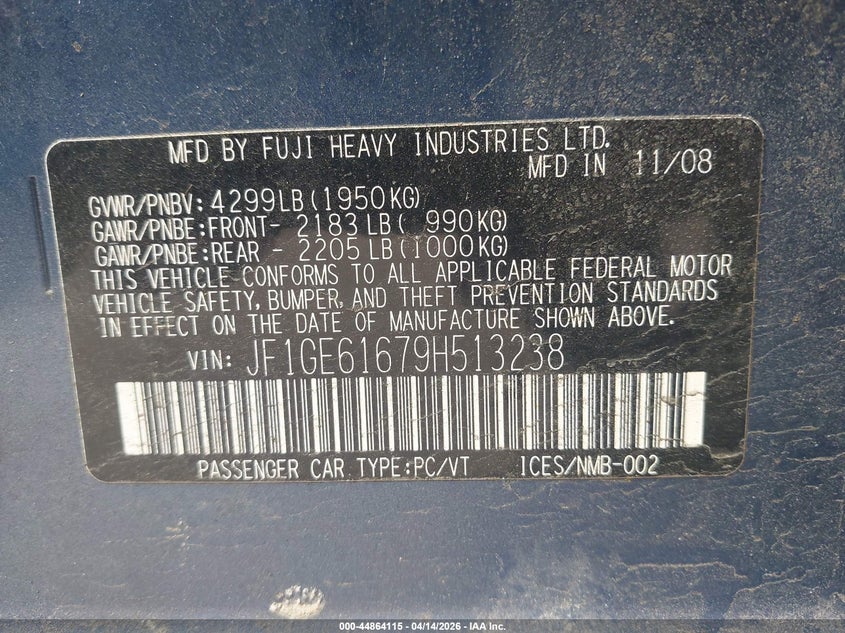 2009 Subaru Impreza 2.5I VIN: JF1GE61679H513238 Lot: 44864115