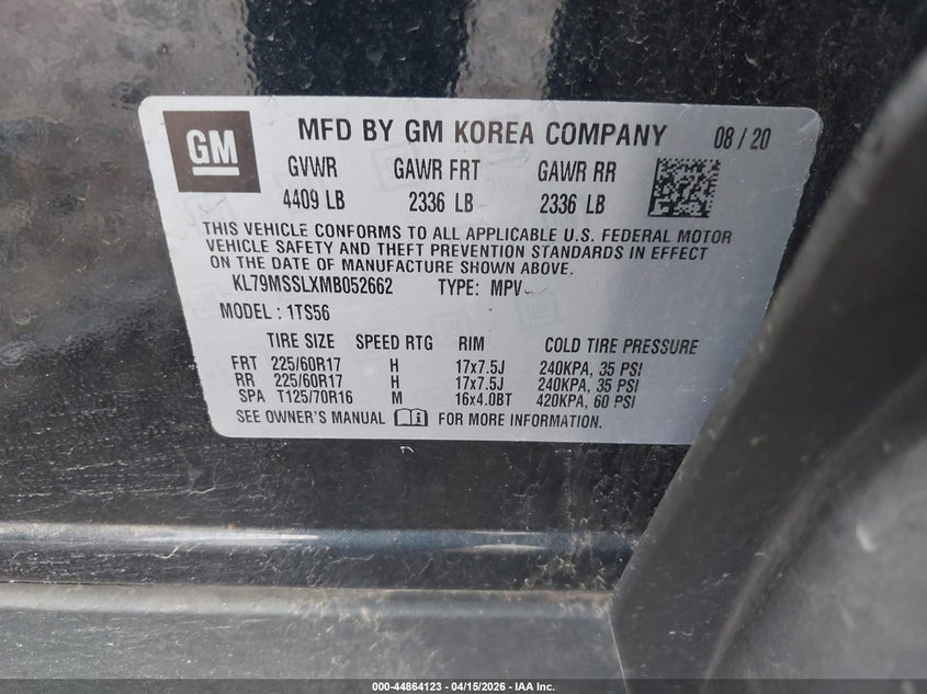 2021 Chevrolet Trailblazer Awd Activ VIN: KL79MSSLXMB052662 Lot: 44864123