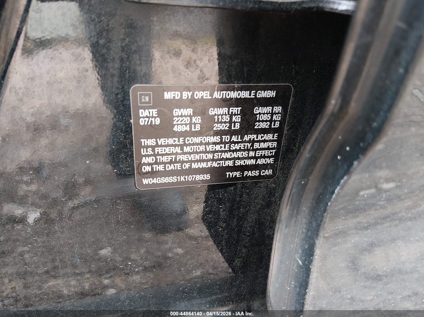 2019 Buick Regal Sportback Awd Gs VIN: W04GS6SS1K1078935 Lot: 44864140