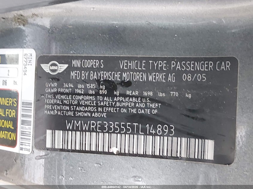 2005 Mini Cooper S VIN: WMWRE33555TL14893 Lot: 44864142