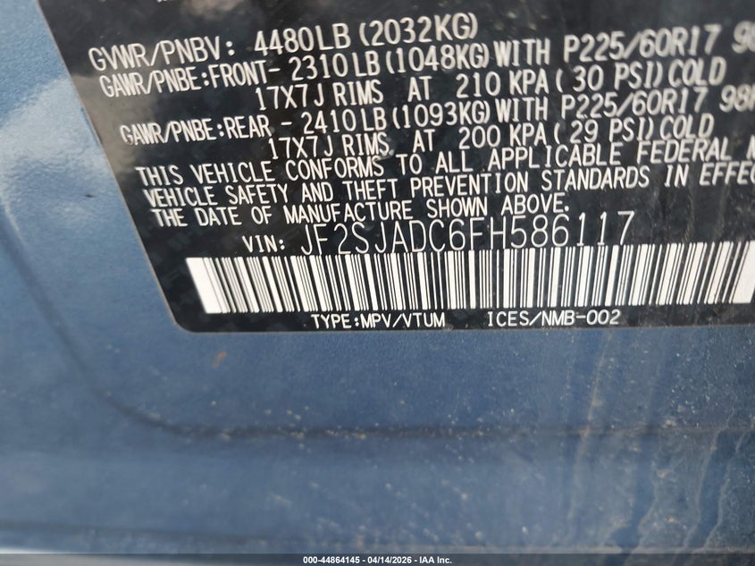 2015 Subaru Forester 2.5I Premium VIN: JF2SJADC6FH586117 Lot: 44864145