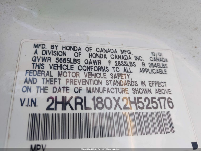 2002 Honda Odyssey Ex-L VIN: 2HKRL180X2H525176 Lot: 44864158