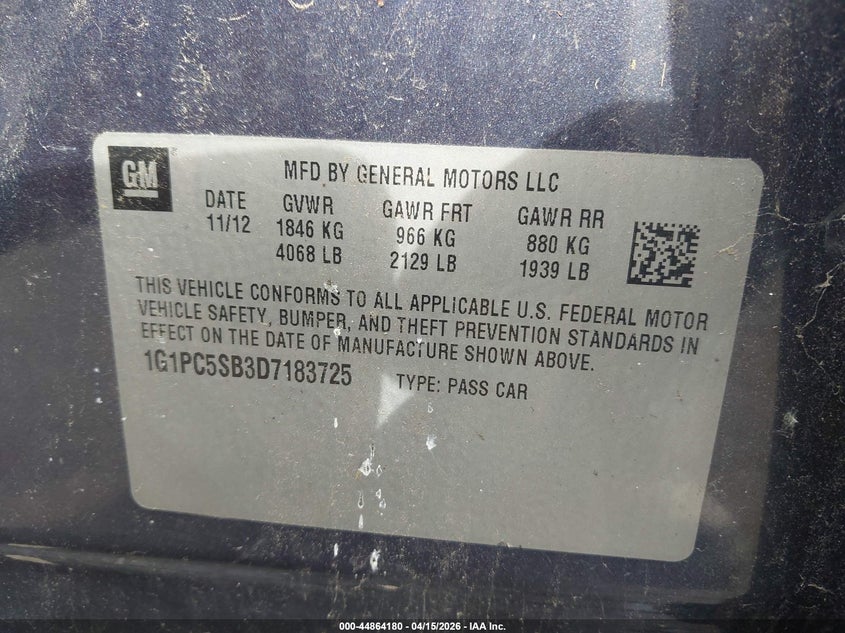 2013 Chevrolet Cruze 1Lt Auto VIN: 1G1PC5SB3D7183725 Lot: 44864180