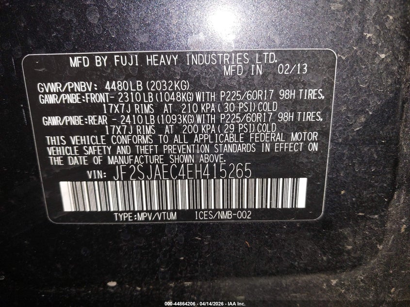 2014 Subaru Forester 2.5I Premium VIN: JF2SJAEC4EH415265 Lot: 44864206