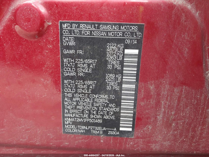 2015 Nissan Rogue S VIN: KNMAT2MV1FP501489 Lot: 44864207