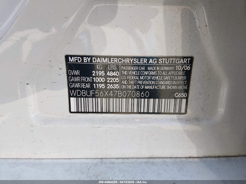 2007 Mercedes-Benz E 350 VIN: WDBUF56X47B070860 Lot: 44864209