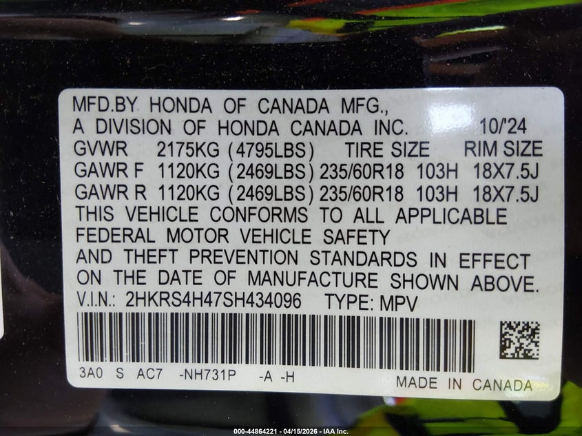 2025 Honda Cr-V Ex Awd VIN: 2HKRS4H47SH434096 Lot: 44864221