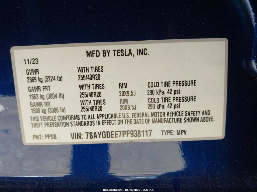 2023 Tesla Model y Awd Long Range Dual Motor All-Wheel Drive blue Lot 111044864228 Vin 7SAYGDEE7PF938117