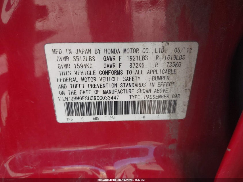2012 Honda Fit VIN: JHMGE8H39CC033447 Lot: 44864240