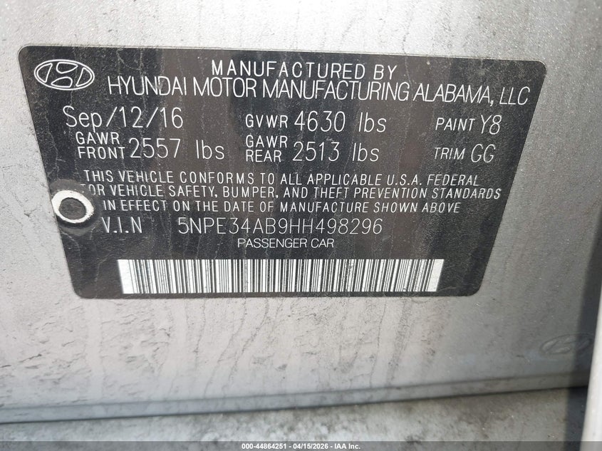 2017 Hyundai Sonata Sport 2.0T VIN: 5NPE34AB9HH498296 Lot: 44864251