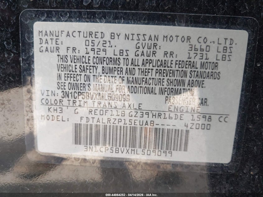 2021 Nissan Kicks S Xtronic Cvt VIN: 3N1CP5BVXML509099 Lot: 44864252