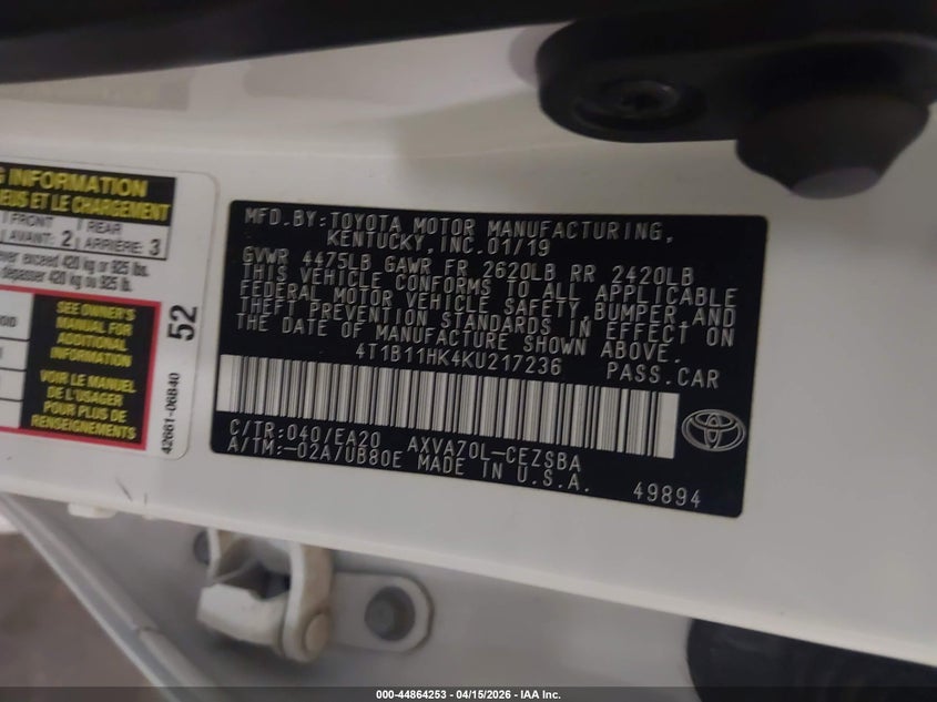 2019 Toyota Camry Se VIN: 4T1B11HK4KU217236 Lot: 44864253