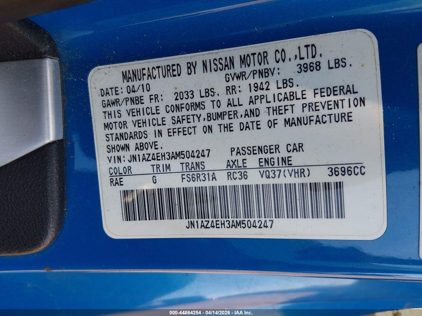 2010 Nissan 370Z VIN: JN1AZ4EH3AM504247 Lot: 44864254