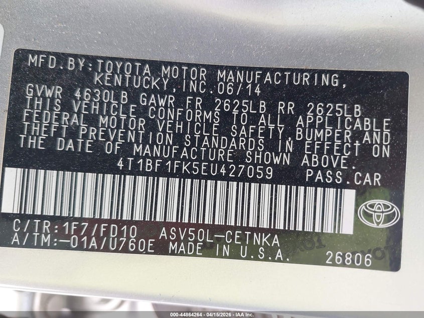 2014 Toyota Camry Le VIN: 4T1BF1FK5EU427059 Lot: 44864264