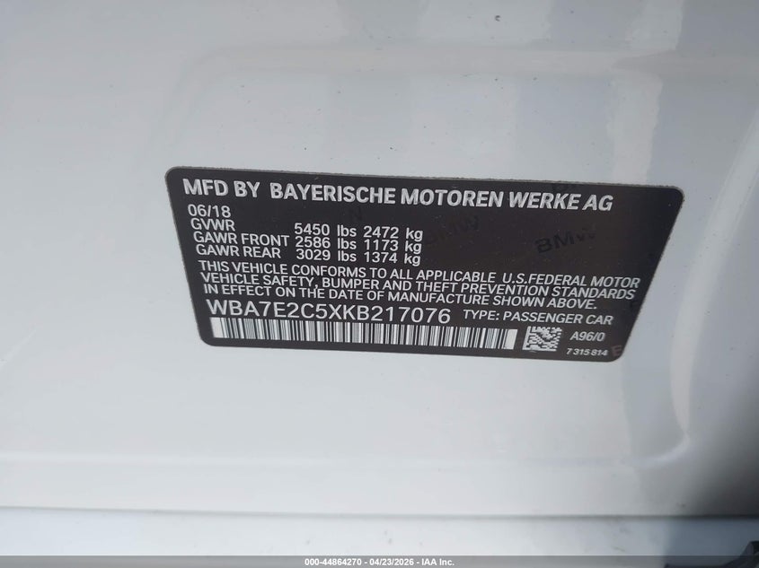 2019 BMW 740I VIN: WBA7E2C5XKB217076 Lot: 44864270