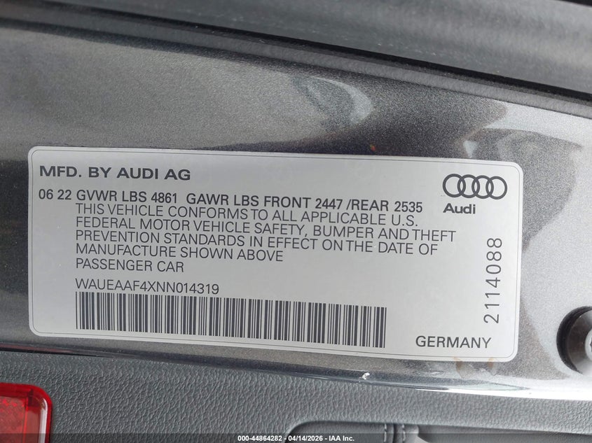 2022 Audi A4 Premium Plus 45 Tfsi S Line Quattro S Tronic VIN: WAUEAAF4XNN014319 Lot: 44864282