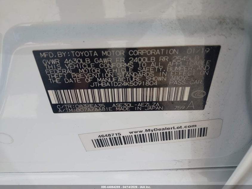 2019 Lexus Is 300 VIN: JTHBA1D24K5091804 Lot: 44864289