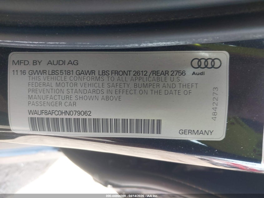 2017 Audi A6 2.0T Premium VIN: WAUF8AFC0HN079062 Lot: 44864309