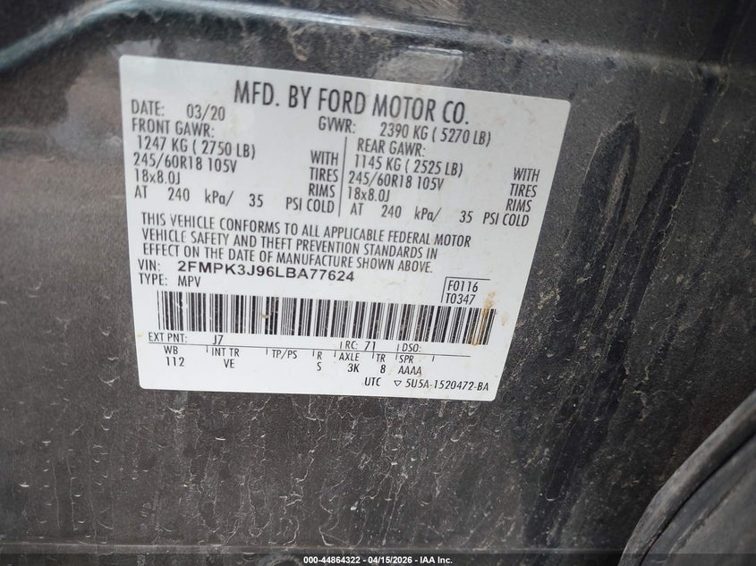 2FMPK3J96LBA77624 2020 Ford Edge 2.0 Sel grey