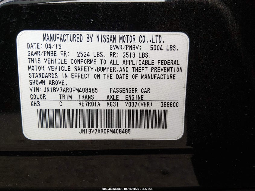 2015 Infiniti Q50 Premium VIN: JN1BV7AR0FM408485 Lot: 44864339