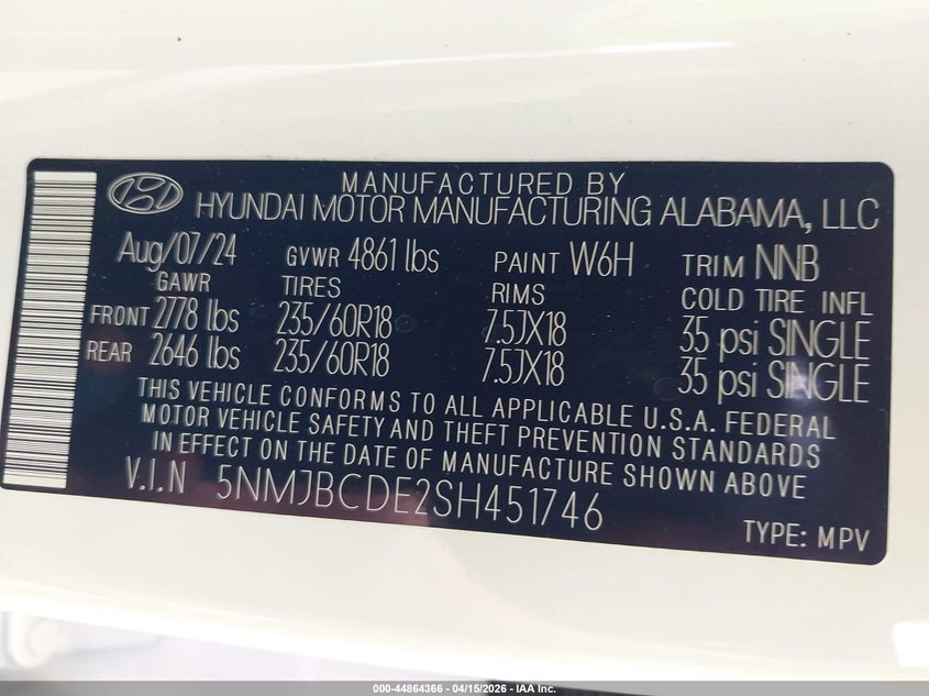 2025 Hyundai Tucson Sel VIN: 5NMJBCDE2SH451746 Lot: 44864366