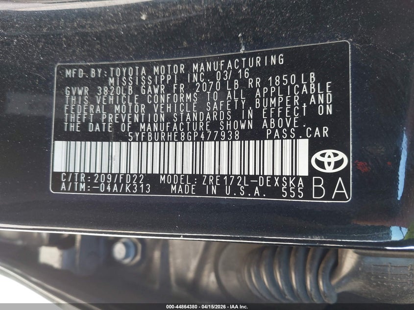 2016 Toyota Corolla S Plus VIN: 5YFBURHE8GP477938 Lot: 44864380