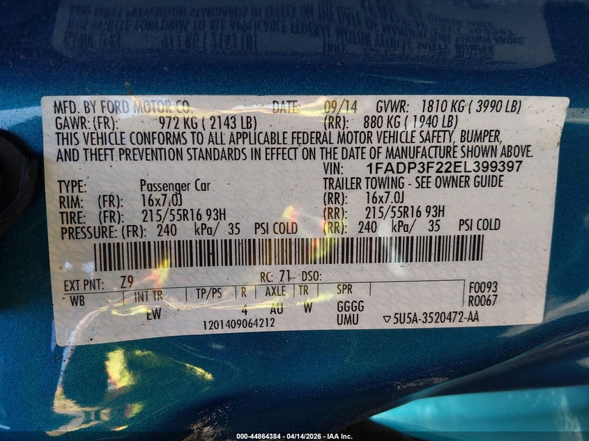 2014 Ford Focus 2.0 Se blue Lot 111044864384 Vin 1FADP3F22EL399397