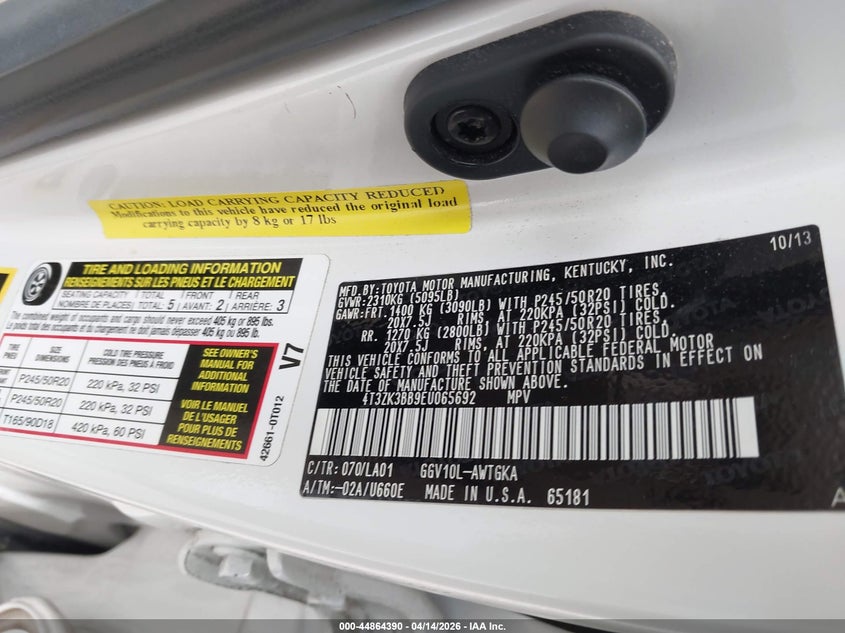 2014 Toyota Venza Xle V6 VIN: 4T3ZK3BB9EU065692 Lot: 44864390