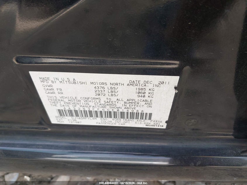 2012 Mitsubishi Galant Es/Se VIN: 4A32B3FF6CE014988 Lot: 44864403