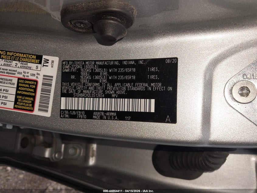 2020 Toyota Highlander 2.5 Xle Silver Lot 111044864411 Vin 5TDHBRCH2LS512654