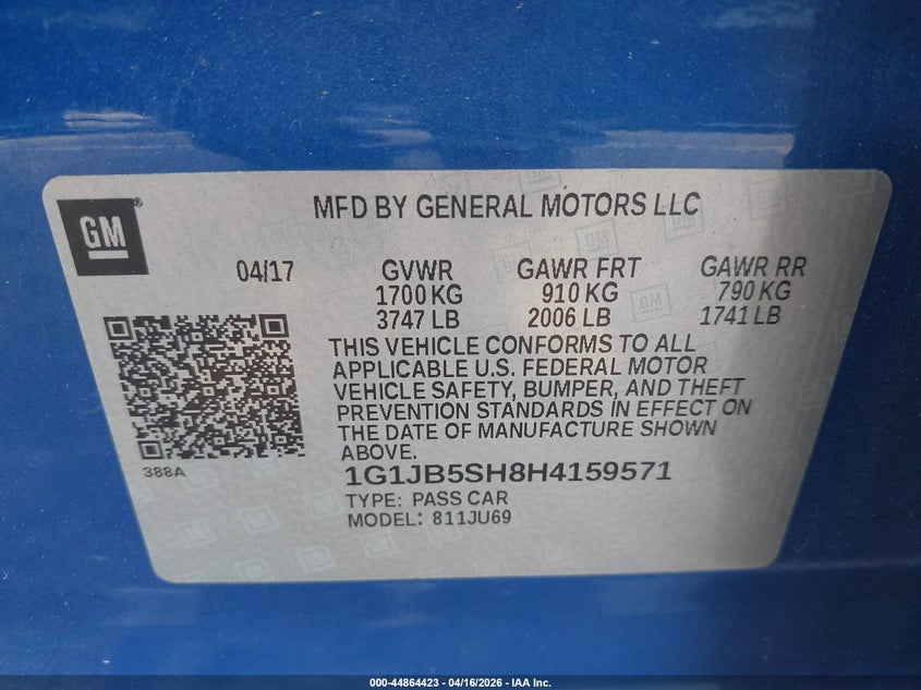 2017 CHEVROLET SONIC SEDAN 1.8L I-4 DOHC, VVT, 138HP